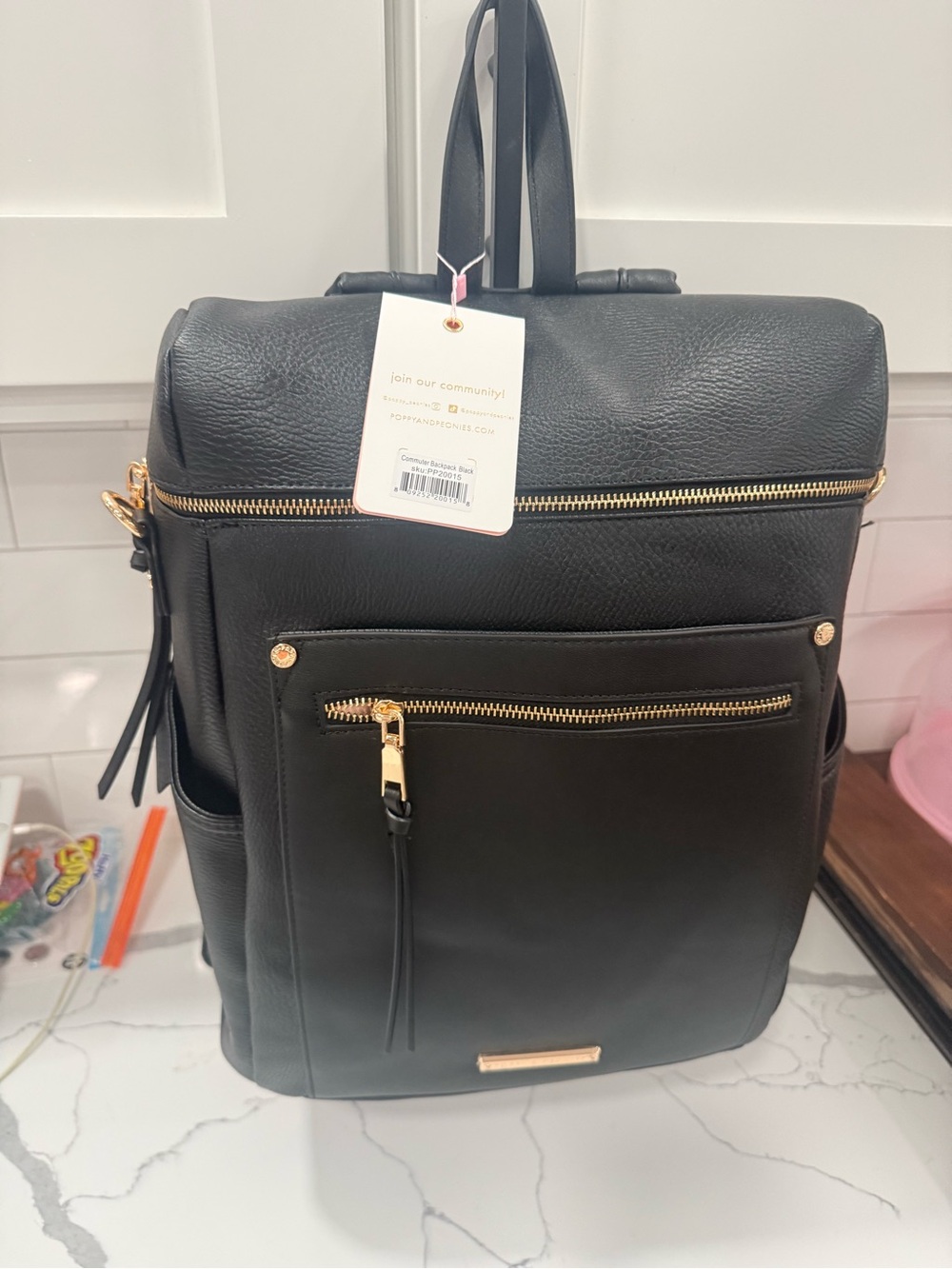 Poppy & Peonies Black Commuter Bag